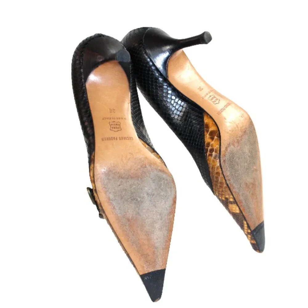 Luciano Padovan Two Tone Black Brown Snakeskin Leather Heel, Size 38 (US 7-7.5)